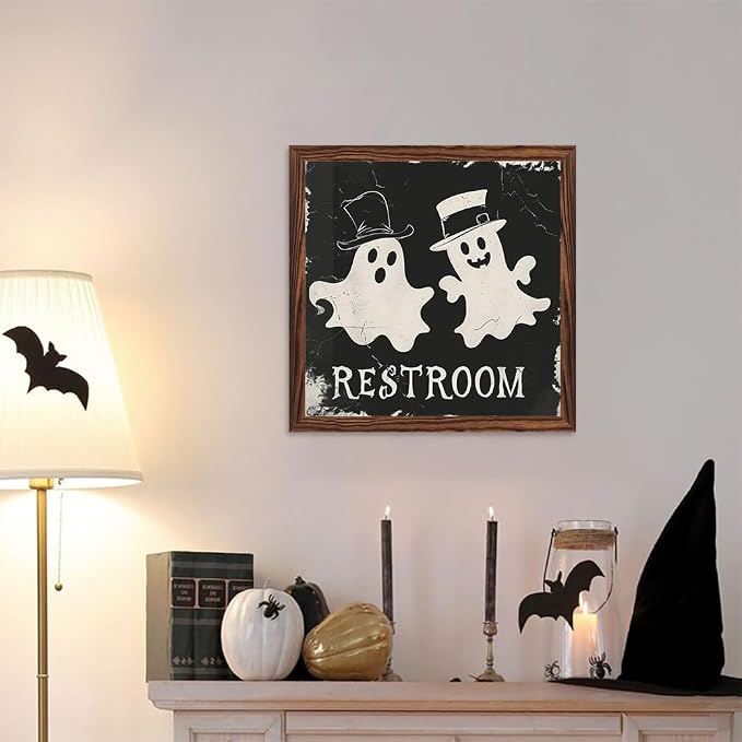 Vintage Halloween Cute Ghosts Bathroom Decor Restroom Wooden Sign 7.87x7.87 Inch, Halloween Wall Art Wooden Sign For Bathroom, Cafe, Bar, Office Hanging Decor - Image 5