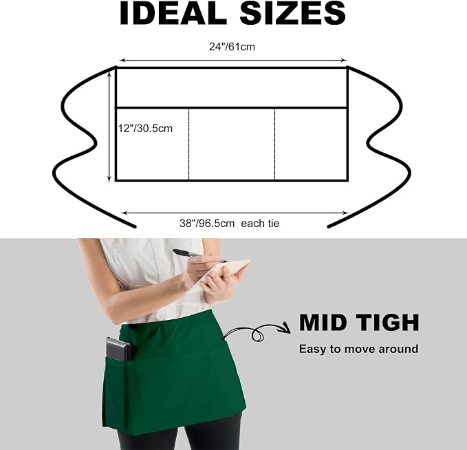 PLOYMONO 10P Green Server Apron with 3 Pockets, Short Waist Waitress Apron | Polyester Short Waiter Apron with 3 Deep Pockets, Great for Restaurant Servers, Bartenders, Hosts, Baristas - Image 4