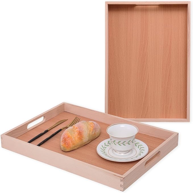 Wooden Serving Tray with Handles (17 Inches) – Decorative Serving Trays Platter for Breakfast in Bed, Lunch, Dinner,Ottoman, Appetizers, Patio, BBQ,Coffee Table, Party (Beech)