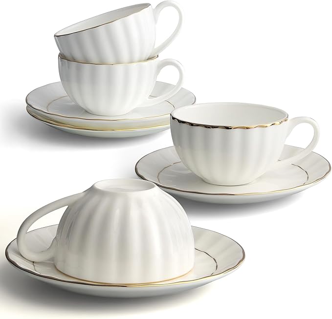 IQCWOOD Tea Cup and Saucers Set of 4(6.09oz), Bone China Tea Cups with Gold Trim, White Teacup for Tea, Milk, Latte, Mocha, Espresso, Dishwasher Safe, for Party Cafe Home