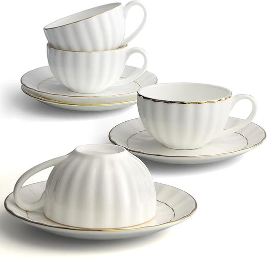 IQCWOOD Tea Cup and Saucers Set of 4(6.09oz), Bone China Tea Cups with Gold Trim, White Teacup for Tea, Milk, Latte, Mocha, Espresso, Dishwasher Safe, for Party Cafe Home