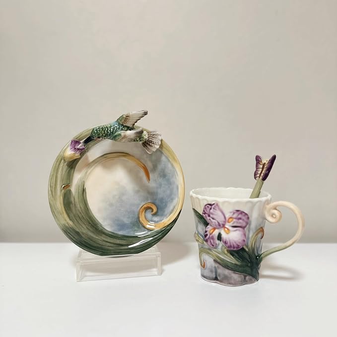Ceramic Tea Cup and Saucer Set ，6OZ 3D Hand-painted Hummingbird and Flower Coffee Mug，Gift for Women