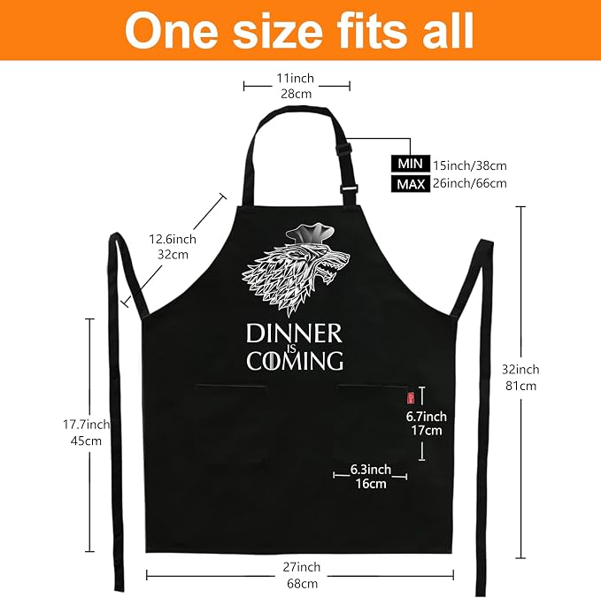 Grill Aprons for Men Women, Dinner is Coming Kitchen Chef Apron with 2 Pockets and 40" Long Ties, Adjustable Bib Apron for Cooking, BBQ, Baking, Gardening, Black - Image 4