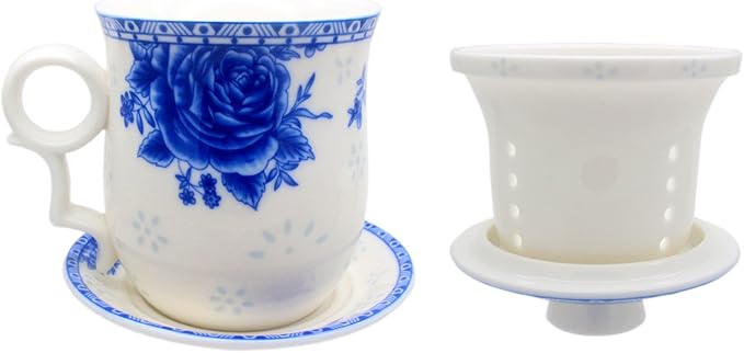 Porcelain Tea Cup with Infuser Lid and Saucer Sets - Chinese Jingdezhen Ceramics Coffee Mug Teacup Loose Leaf Tea Brewing System for Home Office