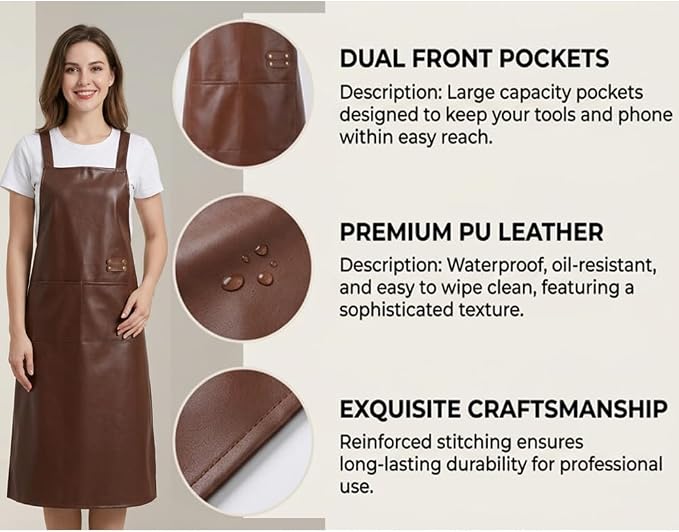 Waterproof Apron Large Pocket PU Material Waterproof Oil-proof Dust-proof Apron Black and Red - Image 5