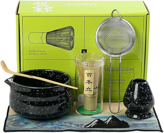 7pcs matcha whisk set Includes Matcha Bowl, Matcha Whisk Holder, Bamboo Matcha Whisk, Scoop and Matcha Sifter, 15 oz Mottled Matcha Kit for Tea Lovers matcha Set,