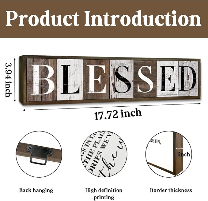 Inspirational Wooden Plaques, Blessed Signs for Wall Decor, Vintage Blessed Hanging Sign, Farmhouse Table Decor, Home Office Decor, Wooden Framed Box Sign 17.8x4x1.2 inches - Image 2