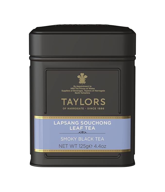 Taylors of Harrogate Lapsang Souchong, Black Tea, Loose Leaf, 4.41 Ounce Tin Caddy, Smoky, Rich and Strong, Caffeinated, Premium Whole Leaf Tea