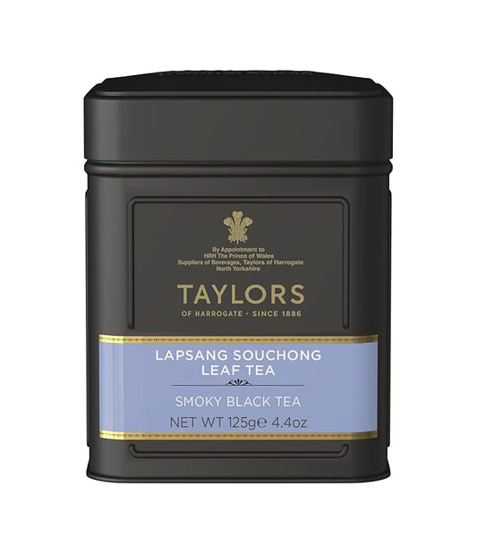 Taylors of Harrogate Lapsang Souchong, Black Tea, Loose Leaf, 4.41 Ounce Tin Caddy, Smoky, Rich and Strong, Caffeinated, Premium Whole Leaf Tea
