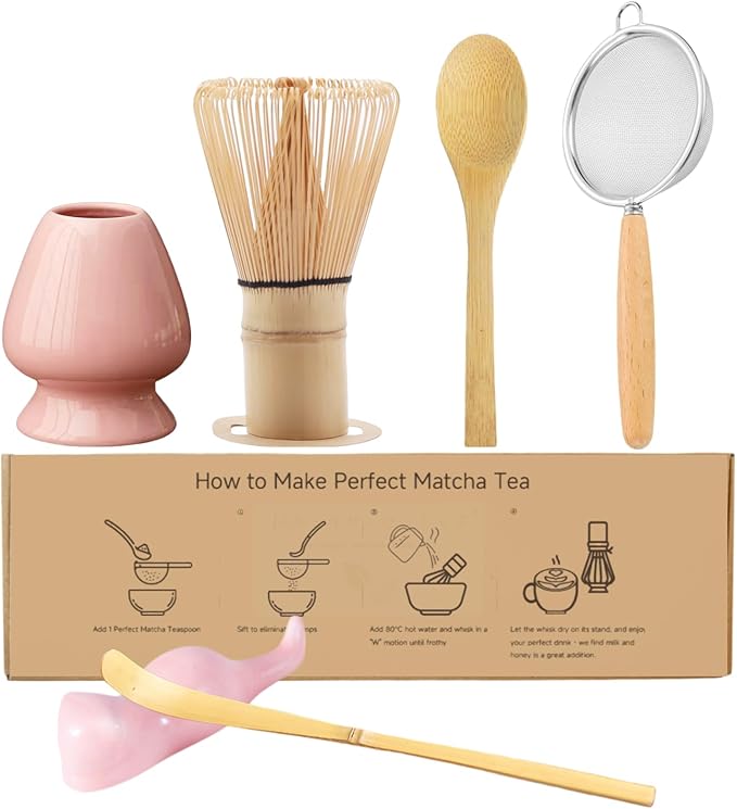Matcha Whisk Set, 6-Piece Matcha Making Kit, Macha Tea Set, (Chasen Holder), Ceramic Whisk Holder, Matcha Starter Sifter, Bamboo Scoop, Spoon Japanese Tea Tools For Ceremony Gift (Pink)