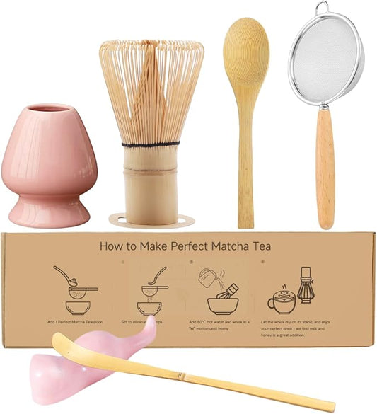 Matcha Whisk Set, 6-Piece Matcha Making Kit, Macha Tea Set, (Chasen Holder), Ceramic Whisk Holder, Matcha Starter Sifter, Bamboo Scoop, Spoon Japanese Tea Tools For Ceremony Gift (Pink)
