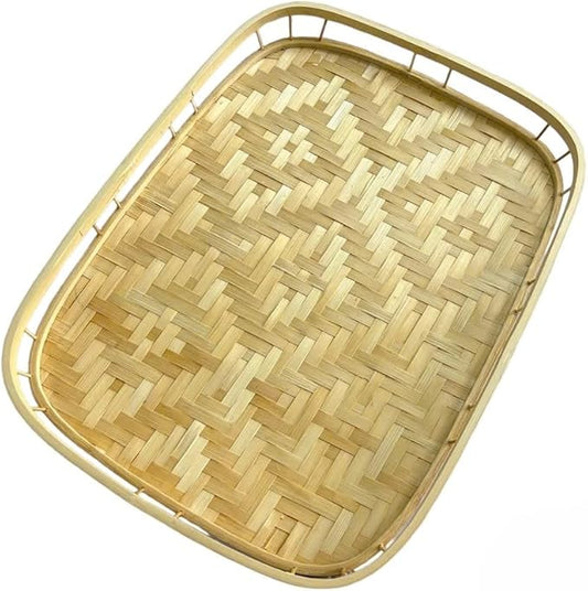 Rectangular Bamboo Wicker Serving Trays with Handles, Handwoven Coffee Trays for Coffee, Breakfast, Bread, Food, Dish and Decorative Tray for Dining Table (1)