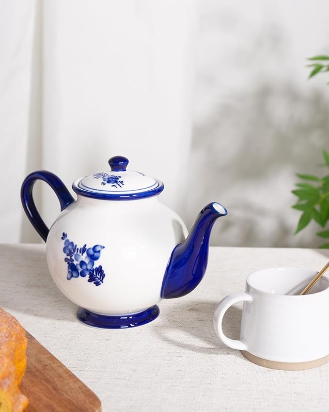 45 Ounce Tea Pot with Infuser, Ceramic Blue and White Teapot, Flowers