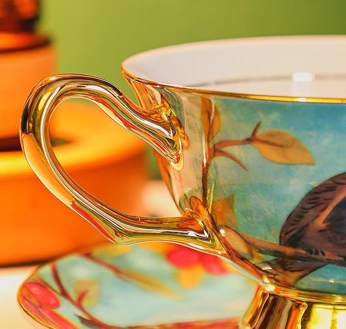 YBK Tech Euro Style Cup& Saucer Set Art Bone China Ceramic Tea Coffee Cup for Breakfast Home Kitchen- Birds and Trees Patterns (Blue)