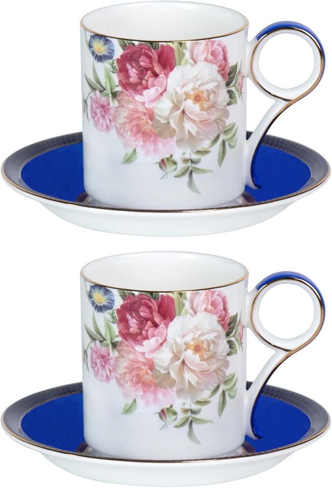 KAMMAK Tea Cups and Saucers Set of 2, Fine Bone China Coffee Cups, Stackable Espresso Mugs, Ceramic Demitasse for Coffee, Cappuccino, Latte, Americano, Tea, Blue
