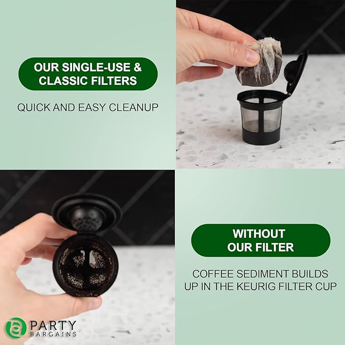 PARTY BARGAINS 300 Classic Disposable Coffee Filter Liners – Compatible with Keurig Brewers & K‑Cup Reusable Pods, Single‑Use Classic Design