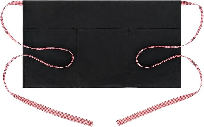 BOHARERS 3-Pocket Waist Apron With Red And White Plaid Shoulder Straps - Black Waitress Waiter Server Short Aprons