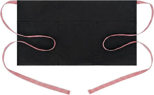 BOHARERS 3-Pocket Waist Apron With Red And White Plaid Shoulder Straps - Black Waitress Waiter Server Short Aprons