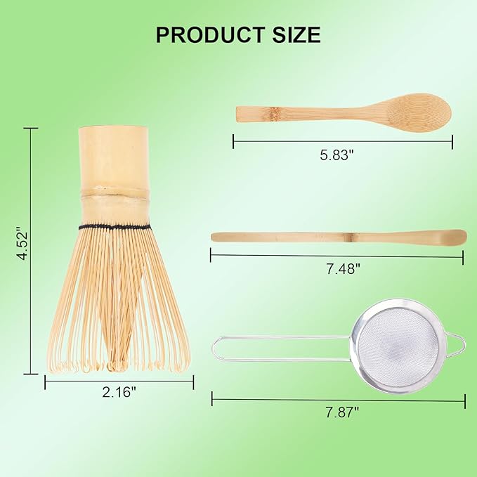 Matcha Whisk Set, 4-Pack Matcha Kit Accessory with 100-Prong Handmade Bamboo Chasen Wisk Mixer, Scoop, Spoon, and Sifter, Perfect for Making Ceremonial Macha Tea, Gift for Mocha Lovers