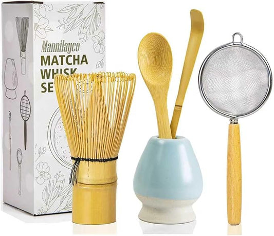 Matcha Whisk Set 5pcs – Bamboo Chasen with Holder, Chashaku Scoop, Spoon, Fine Mesh Sifter – Traditional Japanese Tea Tools for Tea Ceremony, Matcha Making Kit for Tea Lovers(Blue)