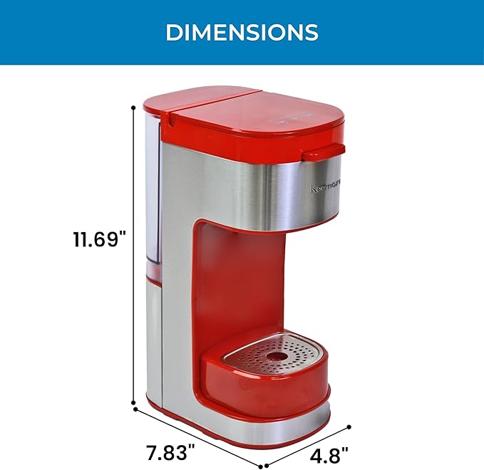 Kenmore Single Serve Coffee Maker – 6–14 Oz Brew Sizes, Compatible with Keurig K‑Cup Pods & Ground Coffee, One Cup Brewer, Travel Mug Friendly, Auto Shut‑Off, Hot & Iced maquina de cafe, Red