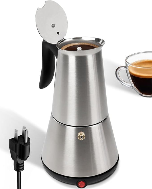 Electric Moka Pot with Detachable Base Stainless Steel Espresso Maker 10oz 6 Cup 300ml Silver Italian Coffee Maker for Kitchen Home 110V