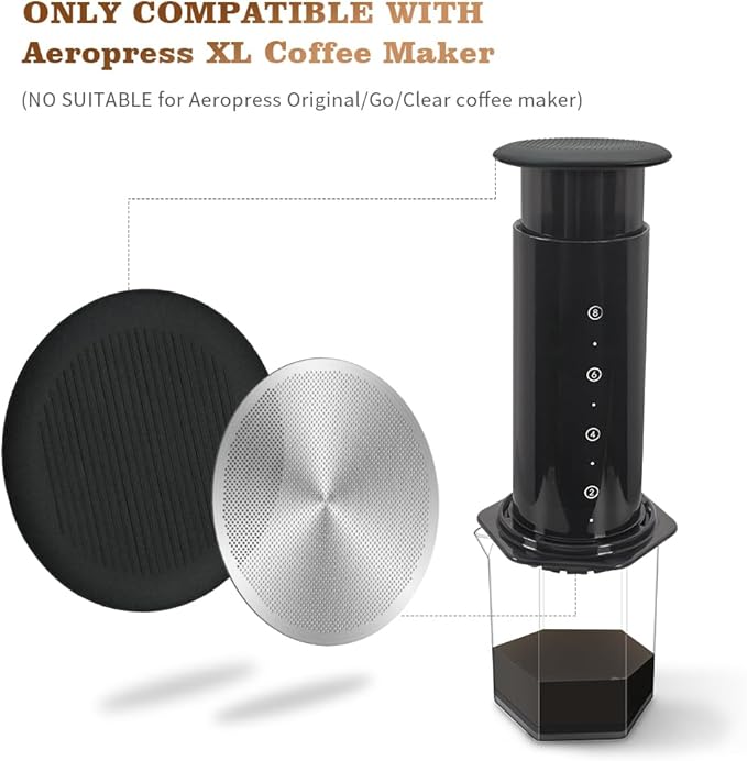 Metal Coffee Filter with Plunger Cover Lid Compatible with Aeropress XL Coffee Maker Reusable Accessories Parts Stainless Steel Filters and Silicone Travel Cap