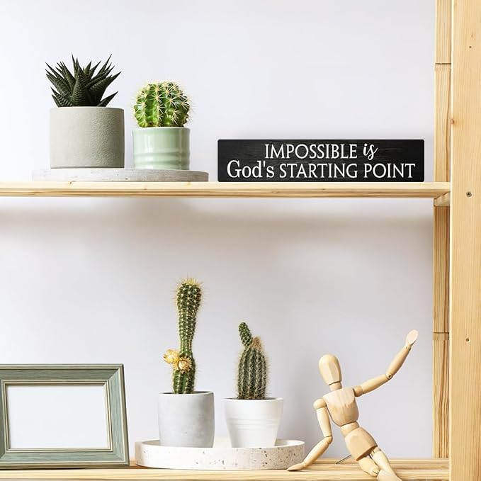 AGMDESIGN Impossible Is God's Starting Point Wood Sign, Christian Wall Art Decor for Shelf Desk Door, Inspiring Wooden Hanging Plaque for Home Church Youth Fellowship Farmhouse Bedroom Office - Image 4