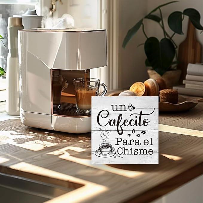 un Cafecito Para el Chisme Funny Spanish Coffee Bar Sign, 5x5 Rustic Farmhouse Wooden Coffee Decor for Kitchen, Home Office, Coffee Lovers Gift