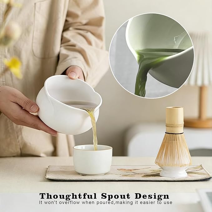5Pcs Matcha Set Bowl and Whisk, White Ceramic Matcha Set Kit, Complete Matcha Making Kit Gift for Ceremony Matcha Tea Lover
