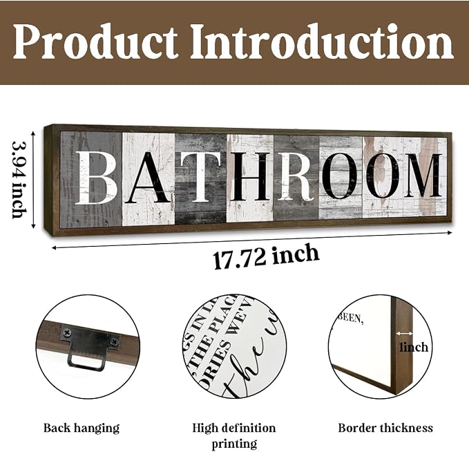 WKYAER Vintage Bathroom Wall Plaque, Farmhouse Home Decor, Bathroom Decor for Wall Table Shelf, Washing Room Decors, Rustic Hanging Signs and Plaques, Decorative Wooden Box Sign 17.8x4x1.2 inches - Image 2