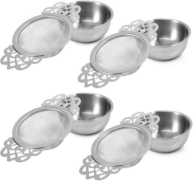 Picowe 4 Pack Tea Strainer Bowl, Stainless Steel Sliver Tea Strainers for Loose Tea Fine Mesh for 2.5-4 Inch Cup Mouth