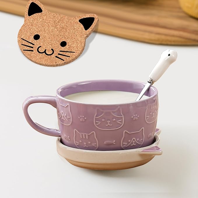 BigNoseDeer Cute Cat Mug Kawaii Tea Cup Purple Ceramic Coffee Mug with lid,Tea Cups and Saucers for Dessert Cute Gifts Cat Gifts for cat Lovers Christmas gifts 10oz(Purple)