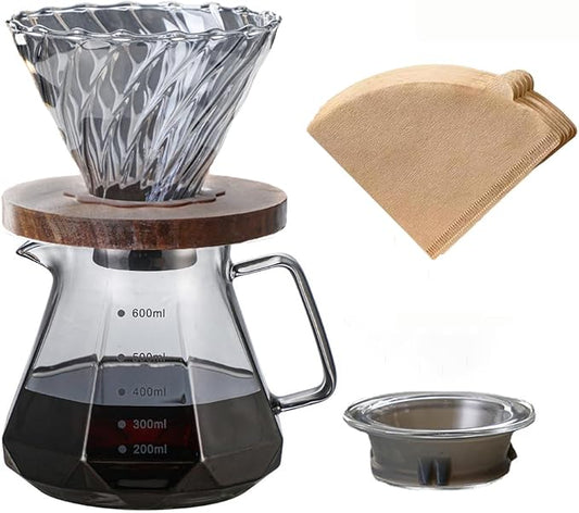 BeeCa Pour Over Coffee Maker Set, Smoked Glass 20oz/600ml All-in-One Dripper, Borosilicate Carafe with Handle & Lid, Includes 50 pcs paper filters (Size 02), for Home Café Restaurant and Camping