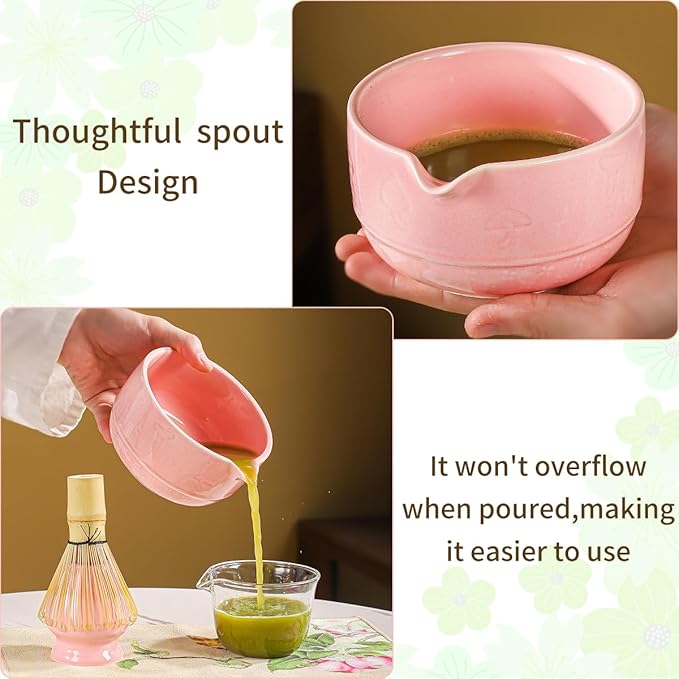 Matcha Set, 8-Piece Ceramic Matcha Bowl & Whisk Kit with Mushroom Pattern, Traditional Japanese Chawan, Bamboo Chasen, Scoop & Sifter, Gift for Tea Lovers, Zen Tea Ceremony Accessories (pink)