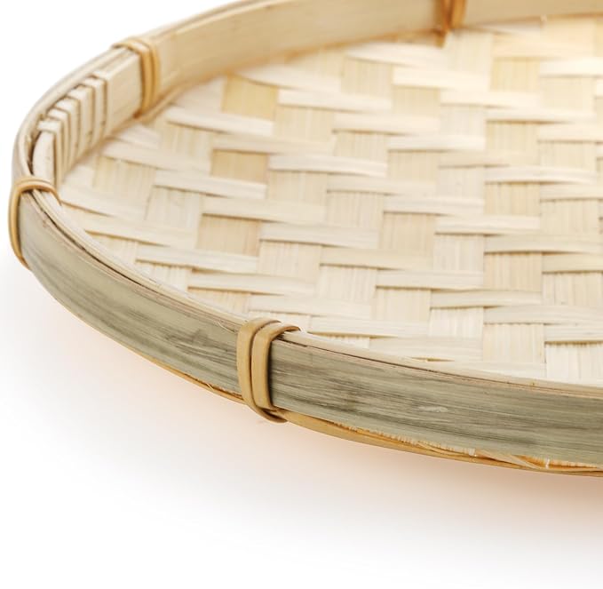 Goaste 5 Pack Round Bamboo Serving Trays, Decorative Flat Wicker Baskets, Handwoven Shallow Wicker Organizers for Food Storage, Fruit, Snacks, Kids DIY Drawing, Wall Hanging Decoration