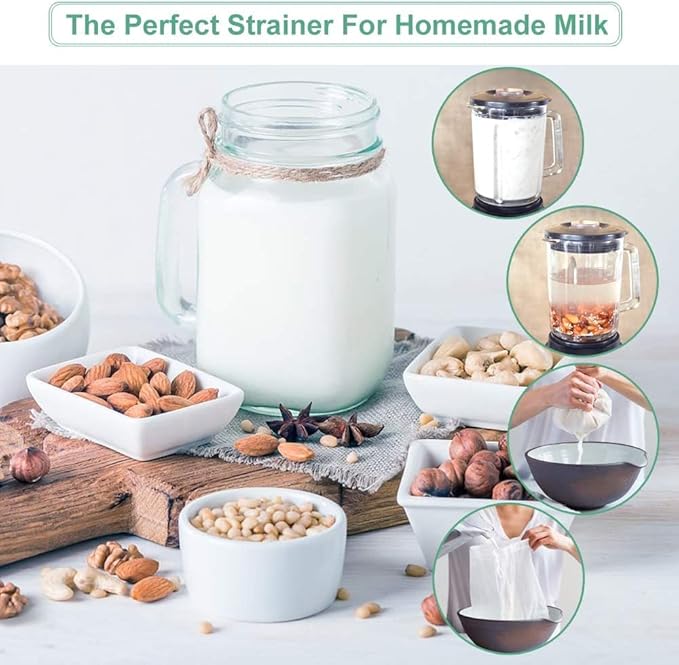 Nut Milk Bag Reusable 3 Pack Food Strainer Nut Bags for Straining Almond/Soy Milk Greek Yogurt Professional for Cold Brew Coffee Tea Beer Celery Juice Fine Nylon Mesh(8"x12"/10"x12"/13"x13")
