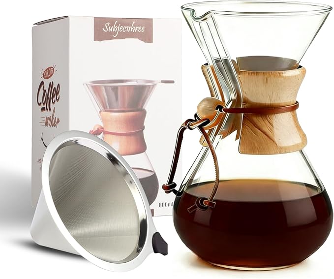 Subjectthree Classic Pour Over Coffee Maker Set 28oz Glass Coffee Carafe Dripper with Stainless Filter for Camping Home Office Cafes Easy Clean (8 Cup/28 oz)