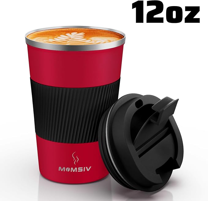 MOMSIV 12oz Travel Mug, Insulated Coffee Cup with Leakproof Lid, Vacuum Stainless Steel Double Walled Reusable Tumbler for Hot and Cold Water Coffee and Tea In Travel and Car