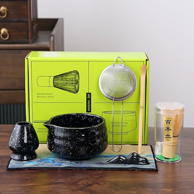 7pcs matcha whisk set Includes Matcha Bowl, Matcha Whisk Holder, Bamboo Matcha Whisk, Scoop and Matcha Sifter, 15 oz Mottled Matcha Kit for Tea Lovers matcha Set,