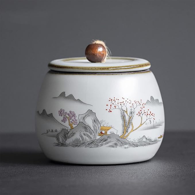 Chinese Style Ceramic Tea Caddy Tea Canister Tea Storage Container Tins Jar with Airtight Lid Wet-proof Tank for Tea, Coffee, Herb, Sugar, Spice, Nuts-Mountain-6 OZ
