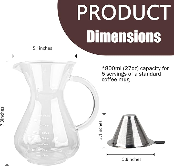 T-mark Pour Over Coffee Maker with Reusable Double-layer Stainless Steel Filter, 800ml/27oz BPA-Free Glass Coffee Carafe, Glass Coffee Maker, Coffee Dripper Brewer.