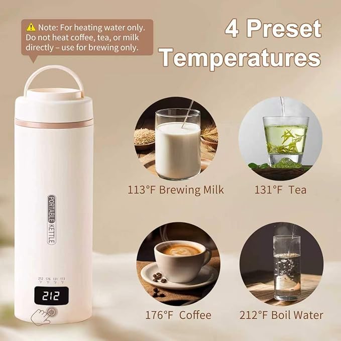 Travel Kettle, Portable Electric Kettle with 4 Temperature Controls, 304 Stainless Steel with Auto Shut-off & Leak Proof, Beige (120V)