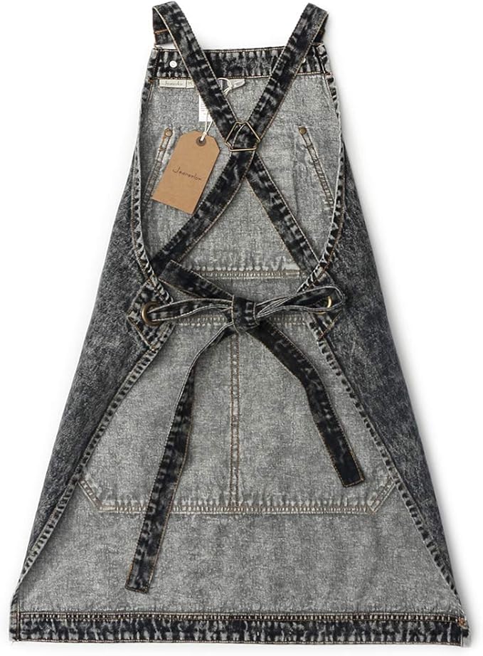 Jeanerlor - Denim Apron with Pockets for Hair Stylist Gardening Craftsmen Barista Women Hairdresser Jean Work Apron Cross Straps & Adjustable S to L (Black)