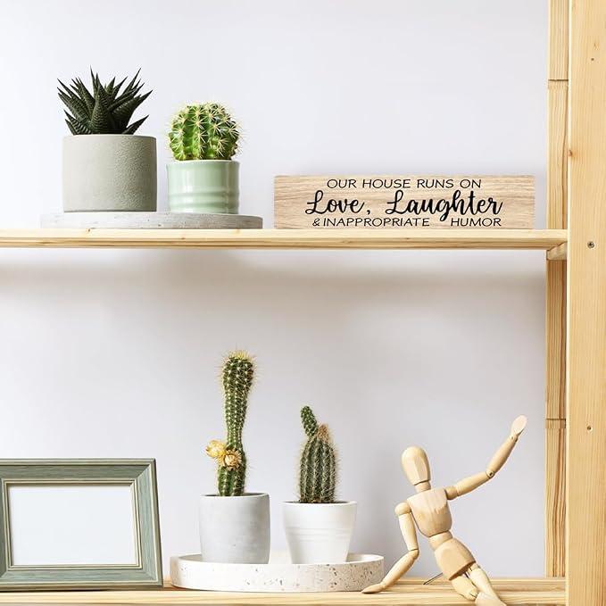 AGMDESIGN Our House Runs On Love Laughter And Inappropriate Humor Wood Sign, Home Wall Decor for Shelf Door, Heartwarming Farmhouse Kitchen Bedroom Hanging Wooden Plaque, New Home Gifts for Friends - Image 4