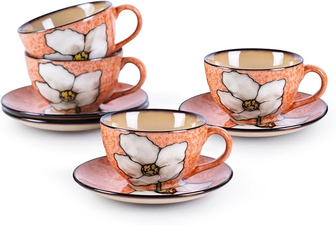 8 Oz Floral Porcelain Cappuccino Cups with Saucers Set of 4, Stoneware Tea Coffee Mugs for Home Kitchen & Office, Dishwasher Microwave Oven Safe, for Espresso, Latte, Americano, Milk & Tea, Pink