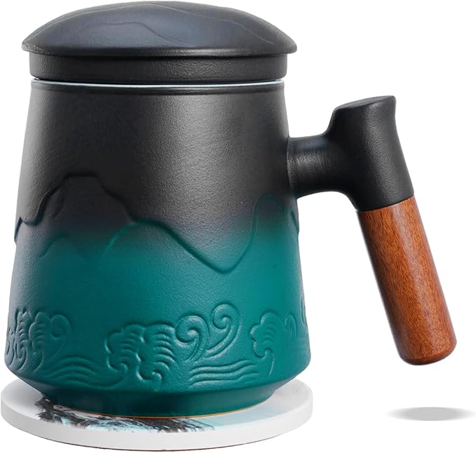 ZENS Tea Mug with Infuser and Lid for Loose Leaf Tea Steeper, 15.2oz Wood Handle Ceramic Tea Cup with Fine Strainers and Absorb Coaster for Tea Lovers Gifts