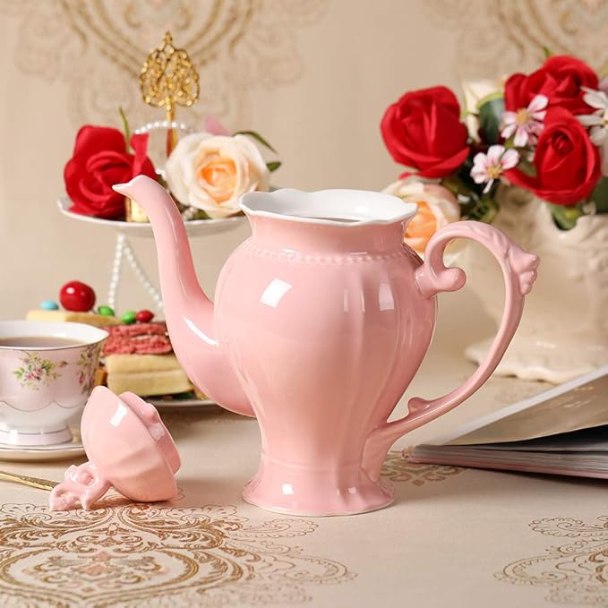 Fine Porcelain Pink English Teapot, Coffee Pot, Victoria Style, Light Weight, 37 Oz