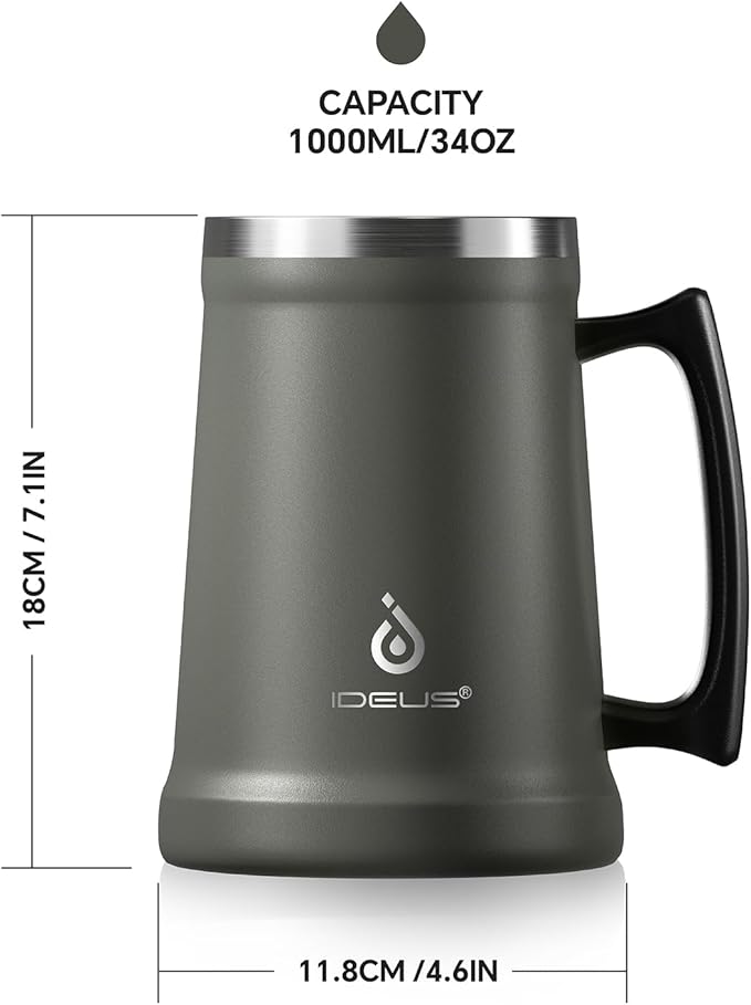 Ideus Insulated Beer Stein, 24/32oz Stainless Steel Double Walled Beer Mug Giant Bar Drinkware Metal Beer Cup with Big Grip Handle (Grey, 34 ounces (1,000ml))