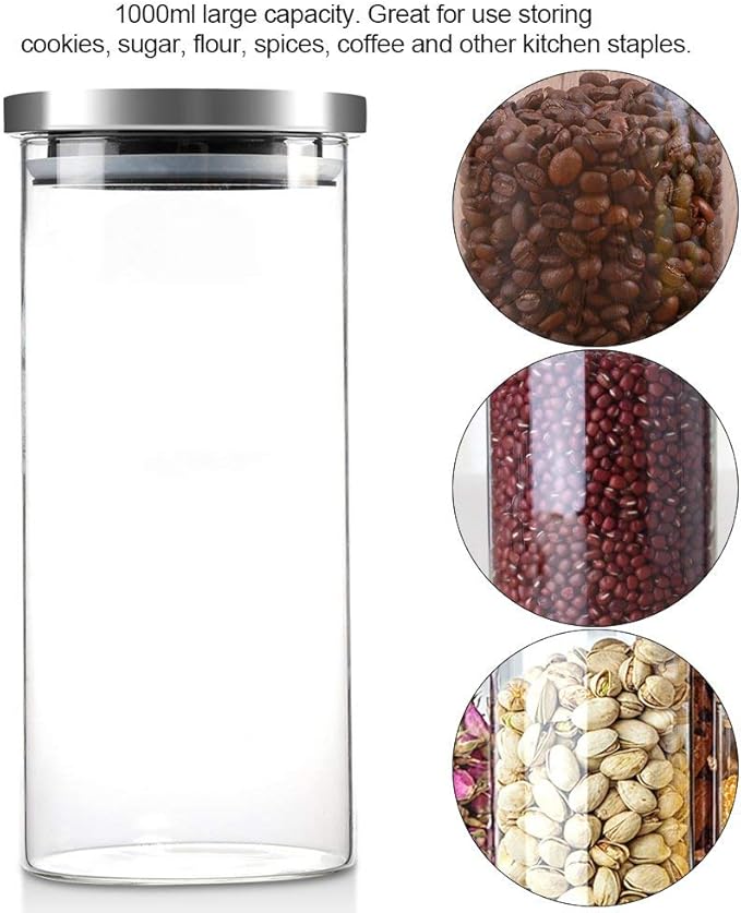 Bewinner Glass Coffee Bean Container, 1000ML Glass Storage Jar Coffee Beans Kitchen Food Container with Stainless Steel Lid for Use Storing Cookies, Sugar, Flour, Coffee(1000ML)